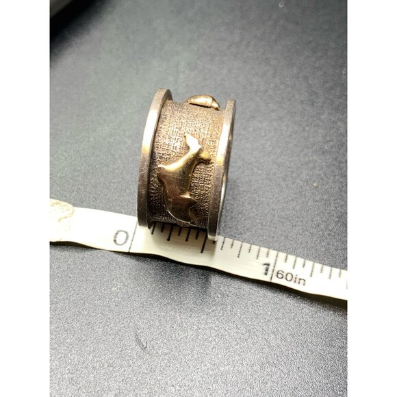 Dolphin Ring Wide 14k Gold 925 Sterling Wide Band Size 8.75 Textured Chunky Ring - Picture 7 of 8